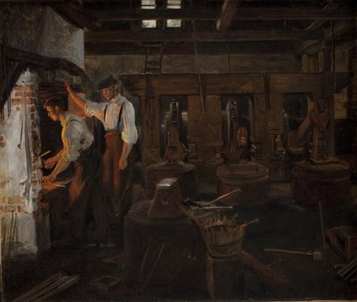 Det indvendige af den gamle hammermølle ved Hellebæk af Constantin Hansen