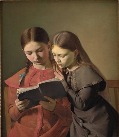 Kunstnerens søstre Signe og Henriette læser en bog af Constantin Hansen