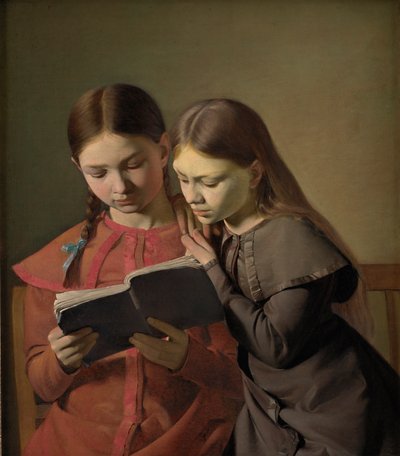Kunstnerens søstre Signe og Henriette læser en bog, 1826 af Constantin Hansen