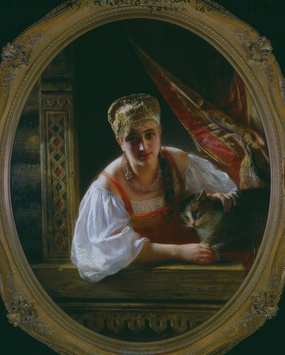 Russisk skønhed med kat af Constantine Egorovitch Makovsky