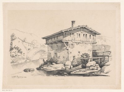 Hus og vandmølle i bjerglandsby The Landscape (serietitel) af Constantinus Cornelis Huysmans
