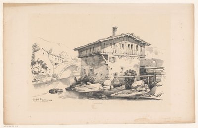 Hus med vandmølle i bjerglandsby The Landscape (serietitel) af Constantinus Cornelis Huysmans
