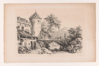 Huse og bro i bjerglandskab The Landscape (serietitel) af Constantinus Cornelis Huysmans