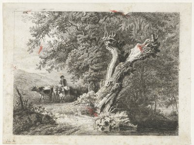 Landskab med bart træ og hyrde af Constantinus Cornelis Huysmans