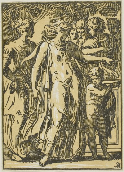 En kvinde, et barn og figurer omkring en piedestal af Conte Antonio Maria Zanetti the Elder