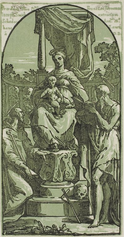 Madonna med barnet på tronen, Sankt Hieronymus og Sankt Frans af Conte Antonio Maria Zanetti the Elder