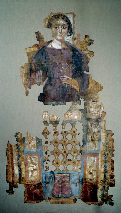 Koptisk kunst: fragment af malet linnedsvøb, der forestiller en ung kvinde kaldet damen et kors ansee. Fra Antinoupolis. 4. århundrede e.Kr. Paris, Louvre-museet af Coptic Coptic