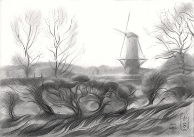 Tegning af en vintervindmølle af Corné Akkers