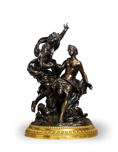 En Louis XIV bronzegruppe, der repræsenterer Bacchus og Ariadne, ca. 1704 (bronze med forgyldt bund) af Corneille van Cleve