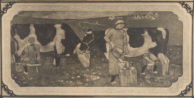 Fotoreproduktion af designtegning med bondekvinder og køer til farvet glasvindue af Richard Roland Holst af Cornelis Albertus Deul