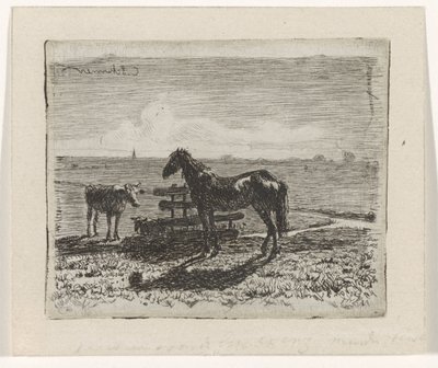 Græsgang med en hest og to køer af Cornelis Albertus Johannes Schermer