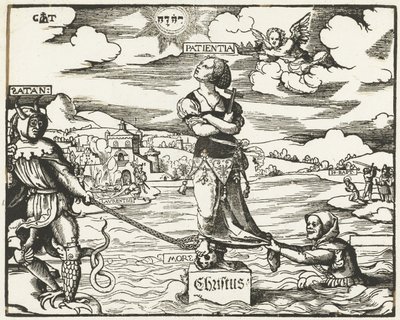 Tålmodighed (Patientia) på en sten i vandet af Cornelis Anthonisz.