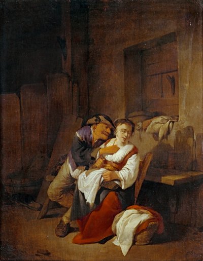 Gammel mand bryder med en ung kvinde i et interiør ... af Cornelis Bega