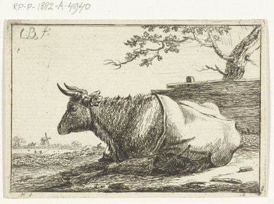 Landskab med en liggende ko med bagbeklædning af Cornelis  Bisschop
