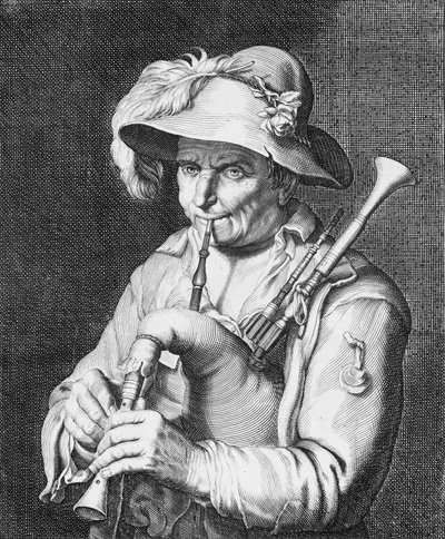 Mand, der spiller sækkepibe, 1600-tallet. af Cornelis Bloemaert