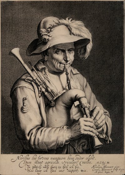 Mand spiller på sækkepibe (gravering) af Cornelis Bloemaert