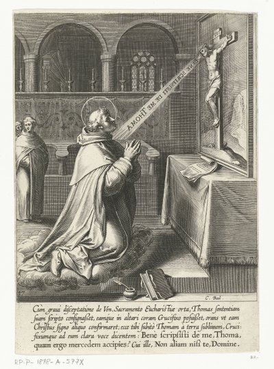 Saint Thomas Aquinas taler med et krucifiks The Life of Saint Thomas Aquinas (serietitel) af Cornelis Boel