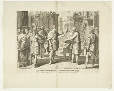 Karel V laat een klooster bouwen, 1555, nr. 8 Scener uit het leven van Karel V (serietitel) Kejser Karl V.s liv i meget smukke dybtryk, indgraveret på design af den berømte A. Tempeste, af to af de dygtigste mestre J. de Gein & af Cornelis Boel