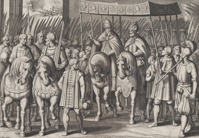 Plade 3: Charles V kronet kejser ind i Rom med paven, fra Charl...s triumfer, 1614. af Cornelis Boel