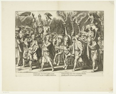 Triomfwagen van Karel V en Ferdinand, na de bevrijding van Wenen van de Turken, ca. 1532, nr. 7 Scener uit het leven van Karel V (serietitel) Kejser Karl V.s liv i meget smukke dybtryk, indgraveret på design af den berømte A. Tempest af Cornelis Boel