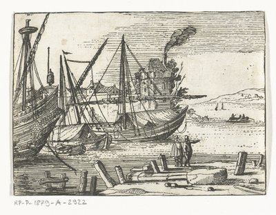 Havneudsigt med to sejlskibe og en galjon, to mænd stående på kajen Landskaber og marinesoldater (serietitel) af Cornelis Bol (attributed to)