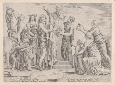 Mirror of Roman Magnificence: Otte kvinder, der ofrer til Priapus, 16. århundrede., 16. århundrede. af Cornelis Bos.