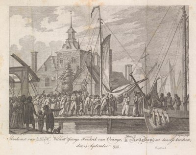 Ankomst af den sårede prins Willem George Frederik til Rotterdam, 1793 Ankomst af Z.D.H. Willem George Fredrik van Oranje, i Rotterdam, efter hans sår, 15. september 1793 (titel på objekt) af Cornelis Brouwer