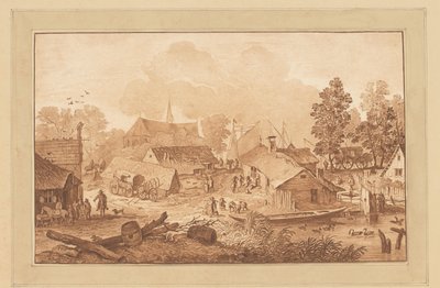 Udsigt til landsbyen med dam af Cornelis Brouwer