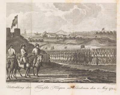 Franske tropper forlader Landrecy, 1794 Udvinding af den franske trup fra Landrecies den 11. maj 1794 (titel på objekt) af Cornelis Brouwer