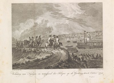 Fransk beskyder de flygtende tropper på Gierbrug, 1794 Opgivelse af Nymegen og Troupernes katastrofe på Vulture Bridge, 16. oktober 1794 (titel på objekt) af Cornelis Brouwer