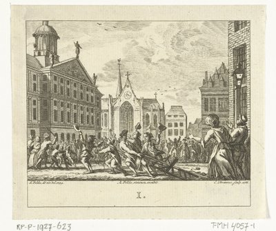 Oprør ved Daniël Raaps begravelse på Dam-pladsen i Amsterdam i 1754 af Cornelis Brouwer