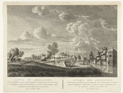 Preussiske tropper angriber Amstelveen, som forsvares af Amsterdams bueskytter den 1. oktober 1787 Angreb på Amstelveen ... den 1. oktober 1787 (titel på objekt) Attaque sur Amstelveen ... le 1er. oktober 1787 (titel på objekt) af Cornelis Brouwer