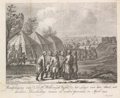 William V med sine sønner i hærlejren, 1794 Høring af Z.D.H. Vilhelm den Femte, i statens hær, med hans fredfyldte sønner og andre generaler, i april 1794 (titel på objekt) af Cornelis Brouwer