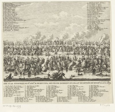 Slaget ved Kijkduin, 1673 Søslag mellem Hr. admin. M. de Ruiter, Prins Robbert og Grev de Estrée af Kykdn. 21. august 1673 (titel på objekt) af Cornelis Brouwer
