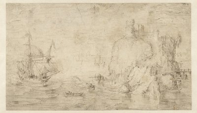Havlandskab med et skib nær en ø af Cornelis Claesz van Wieringen (attributed to)