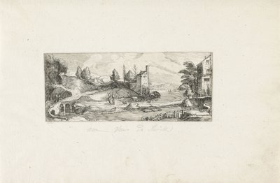 Flodlandskab med to kvinder på en bro Landskaber (serietitel) af Cornelis Claesz van Wieringen (possibly)
