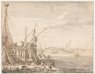 Havnehoved med fiskere, der hiver deres garn ind af Cornelis Claesz  van Wieringen