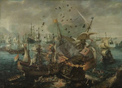 Eksplosionen af det spanske flagskib under slaget ved Gibraltar, ca. 1621 (olie på lærred) af Cornelis Claesz  van Wieringen