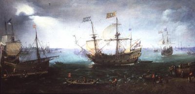 Tre Mestere affyrer en Salut på Maas ved Dordrecht af Cornelis Claesz  van Wieringen