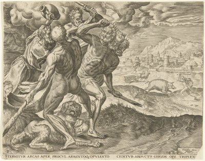 Hercules dræber Geryon og hans hund Labours of Hercules (serietitel) af Cornelis Cort