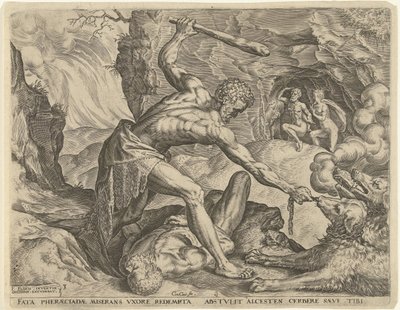 Hercules trækker Cerberus ud af helvede Labours of Hercules (serietitel) af Cornelis Cort