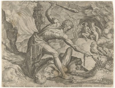 Herkules trækker Cerberus ud af helvede Labours of Hercules (serietitel) af Cornelis Cort