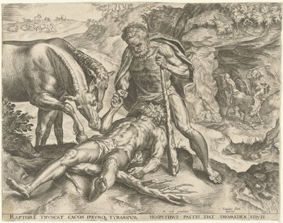 Hercules fodrer Diomedes til sine heste Labours of Hercules (serietitel) af Cornelis Cort