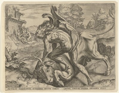 Hercules kæmper med Achelous Labours of Hercules (serietitel) af Cornelis Cort