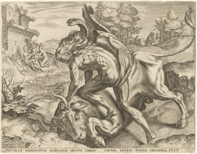 Hercules kæmper med Acheloüs Works of Hercules (serietitel) af Cornelis Cort