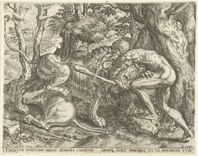 Hercules kvæler Nemean-løven Labours of Hercules (serietitel) af Cornelis Cort