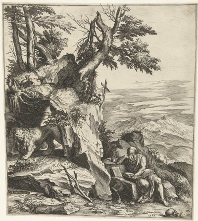 Landskab med læsning Hieronymus af Cornelis Cort