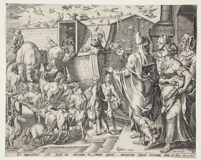 Noah, hans familie og dyrene, der går ombord på arken af Cornelis Cort