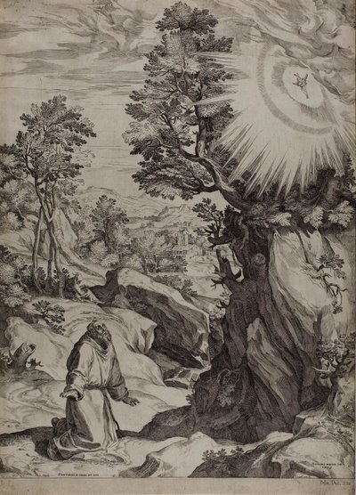 Sankt Frans angrende i et stort landskab af Cornelis Cort