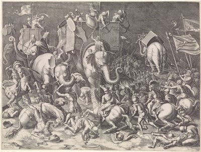Slaget ved Zama mellem Scipio og Hannibal om natten af Cornelis Cort